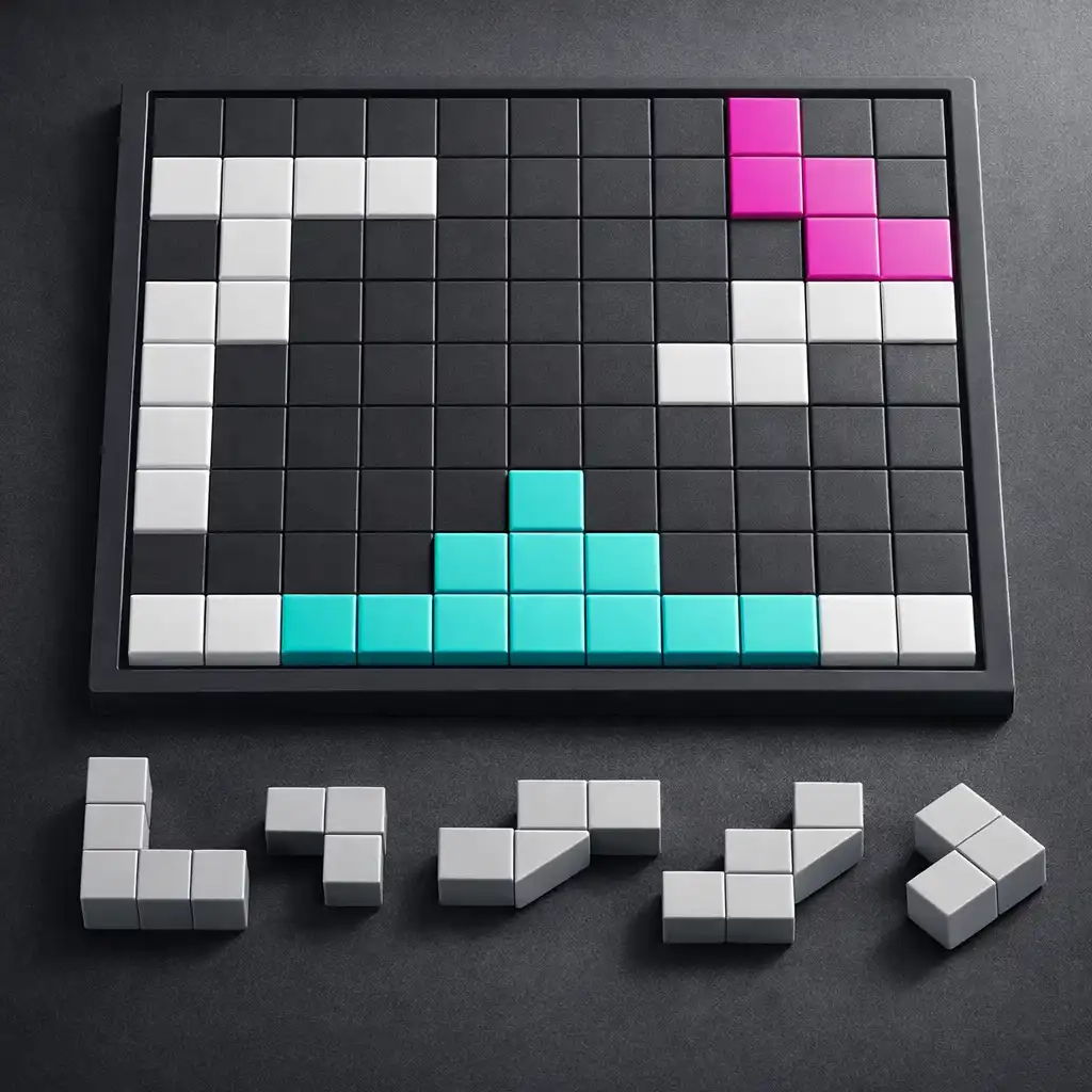 Abstrakcyjna plansza puzzle z widocznymi blokami i przestrzenią dla kolejnego ruchu