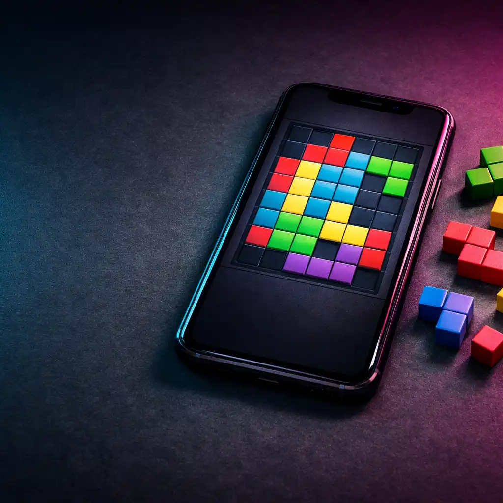 Telefon z planszą Block Artist oraz geometryczne bloki na grafitowym biurku